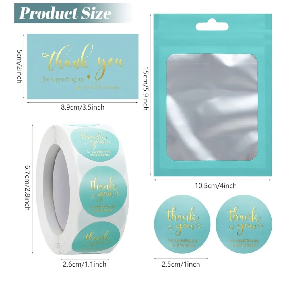 Thank You Cards and Stickers Set - Teal and Gold